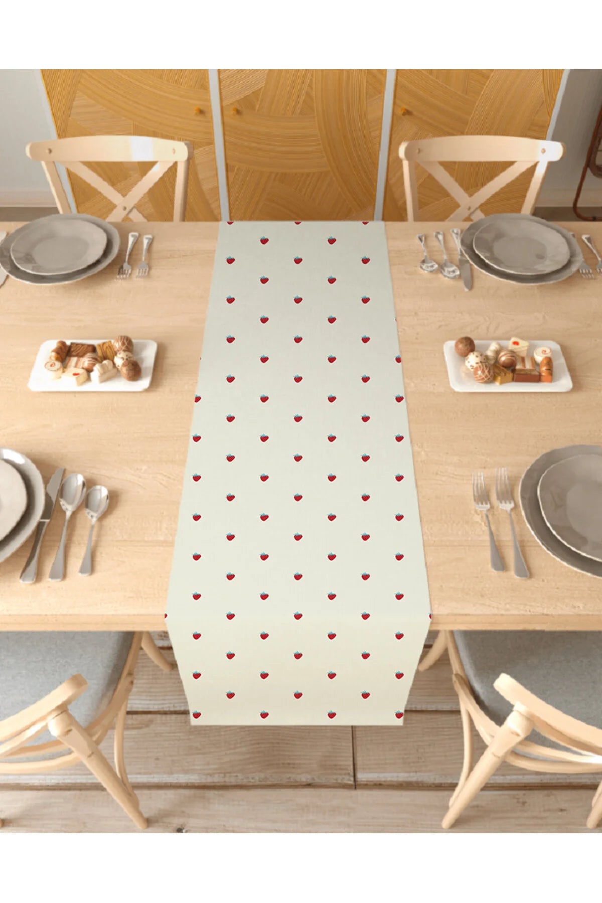 Red Berry Garden Table Runner - Minimalist Strawberry Pattern Digital Printed Decorative Table Cover for Modern Kitchen & Dining Decor