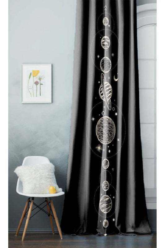 Space Star Moon Pattern Digital Printed Curtain Panel (Single Panel) – Colorful Modern Design Curtain