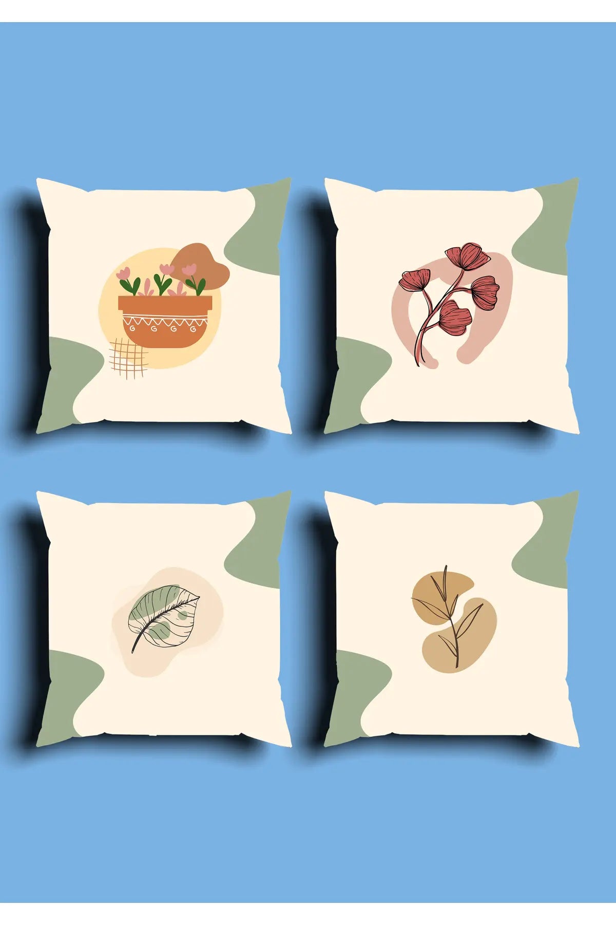 Sage Green & Terracotta Botanical Potted Floral Cushion Cover Set & Table Runner - Abstract Organic Shapes & Minimalist Flower Branch Combo for Living Room Decor
