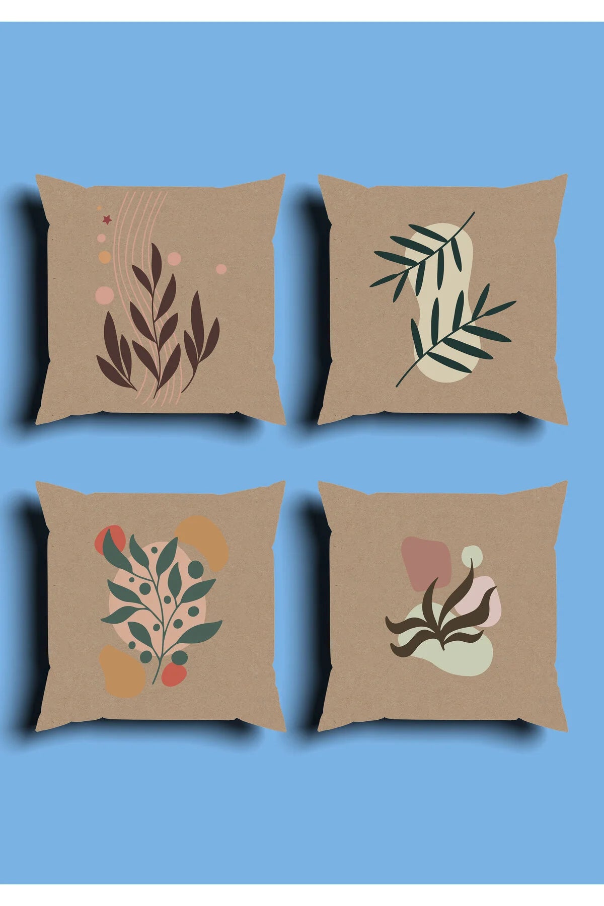 Natural Linen Tone Organic Botanical Cushion Cover Set & Table Runner - Abstract Earthy Shapes & Minimalist Eucalyptus Palm Branch Combo for Scandi Home Decor