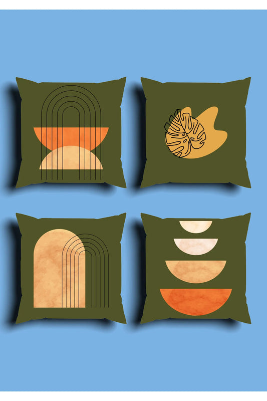 Deep Olive Haki Green Boho Cushion Cover Set & Table Runner - Abstract Terracotta Semi-Circles & Minimalist Golden Monstera Leaf Combo for Living Room Decor