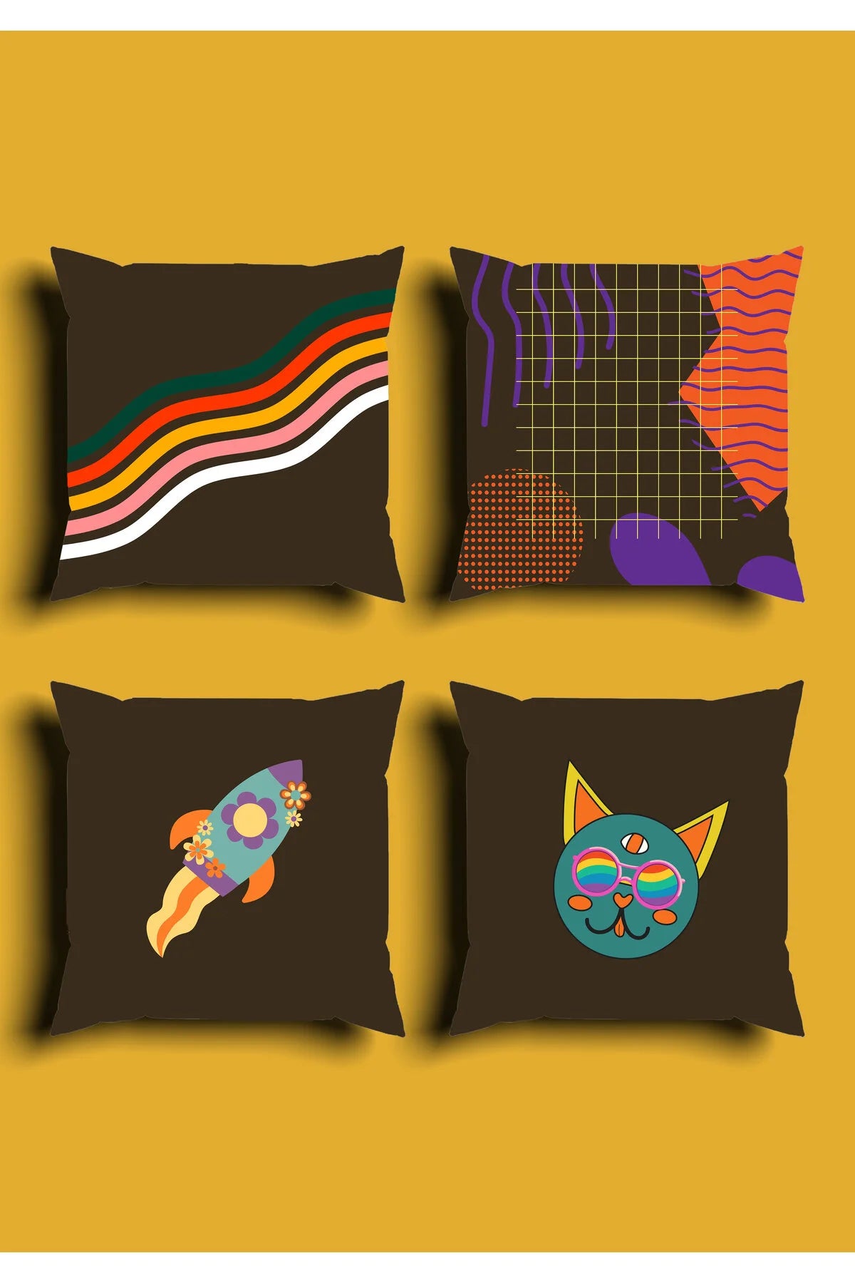 Retro Dark Brown Space Rocket Cushion Cover Set & Table Runner - Trippy 70s Rainbow Waves & Cosmic Third Eye Alien Cat Combo