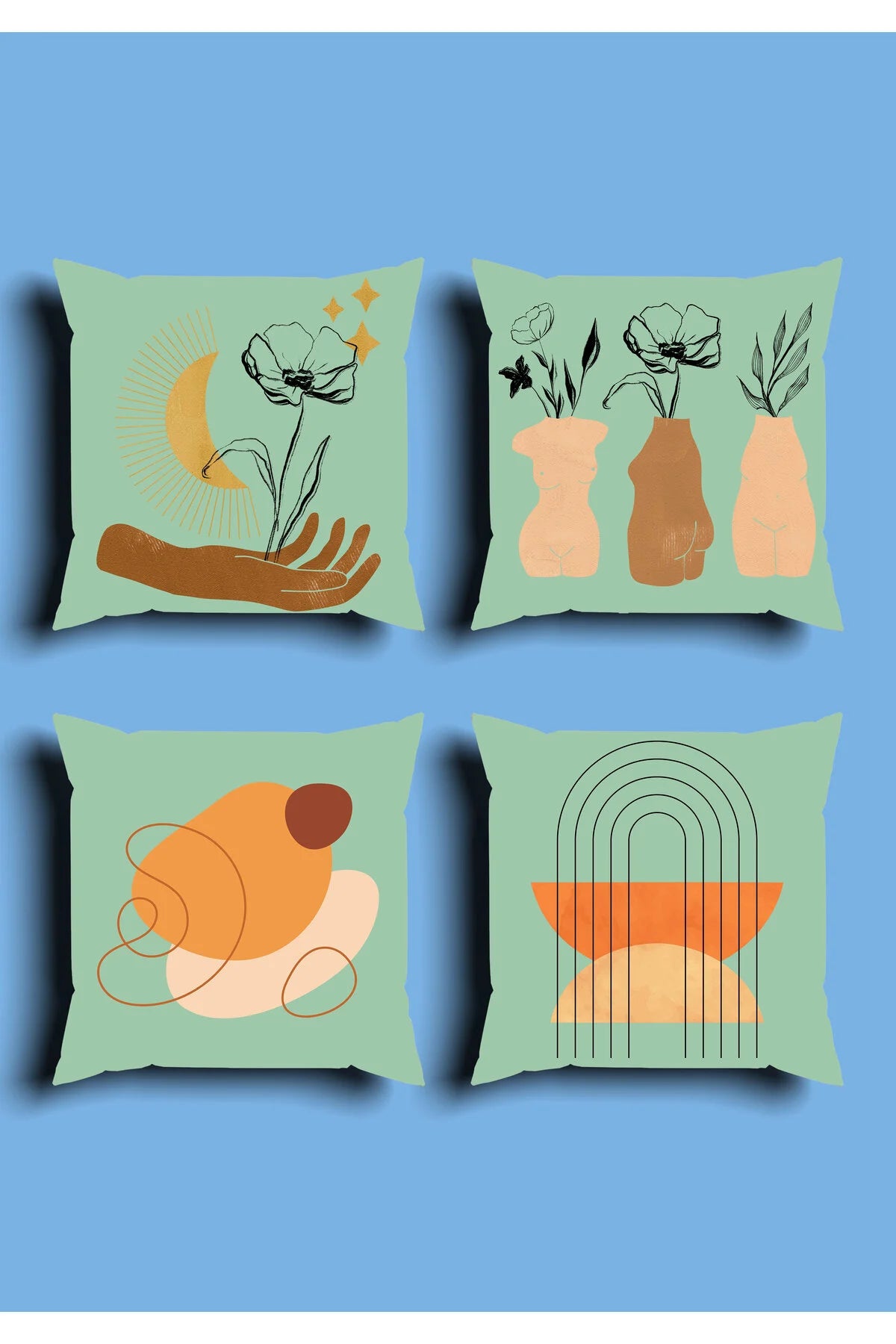 Light Green Boho Line Art Flower Hand Cushion Cover Set & Table Runner - Abstract Terracotta Arch & Ceramic Vase Combo