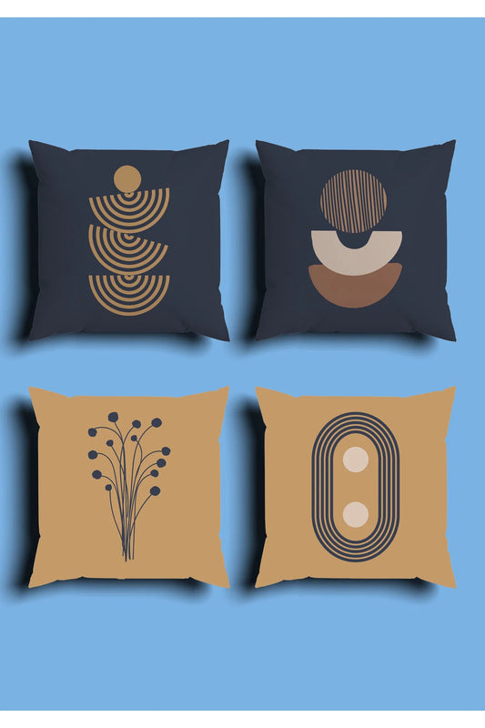 Navy Blue & Mustard Yellow Geometric Cushion Cover Set & Table Runner - Abstract Half Moon Arch & Minimalist Plant Branch Combo