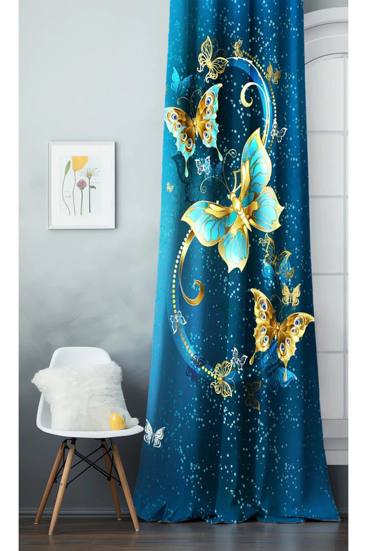 Butterfly Fairytale Patterned Digital Printed Drape (Single Panel) - Modern Colorful Stars & Suede Texture