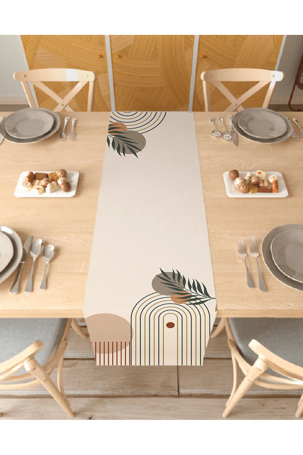 Bohemian Arch & Tropical Leaf Table Runner - Minimalist Earth Tone Digital Printed Decorative Tablecloth for Modern Dining Room Decor