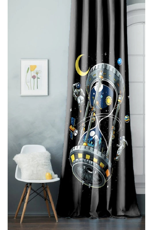 Galactic Hourglass & Astronaut Curtain - Surreal Space Time Digital Printed Single Panel Drape for Modern Sci-Fi Bedroom & Office Decor