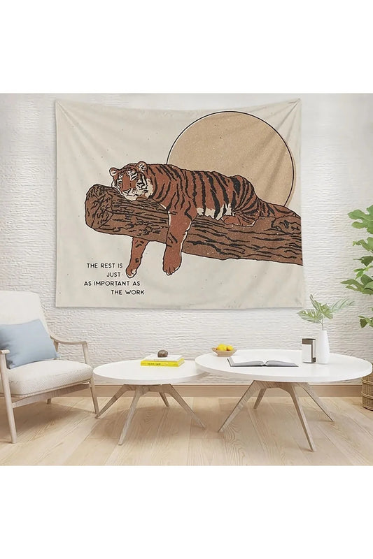 Japanese Style Resting Tiger Wall Tapestry - "Rest is Important" Motivational Quote Digital Printed Decorative Wall Art for Modern Home & Office Decor
