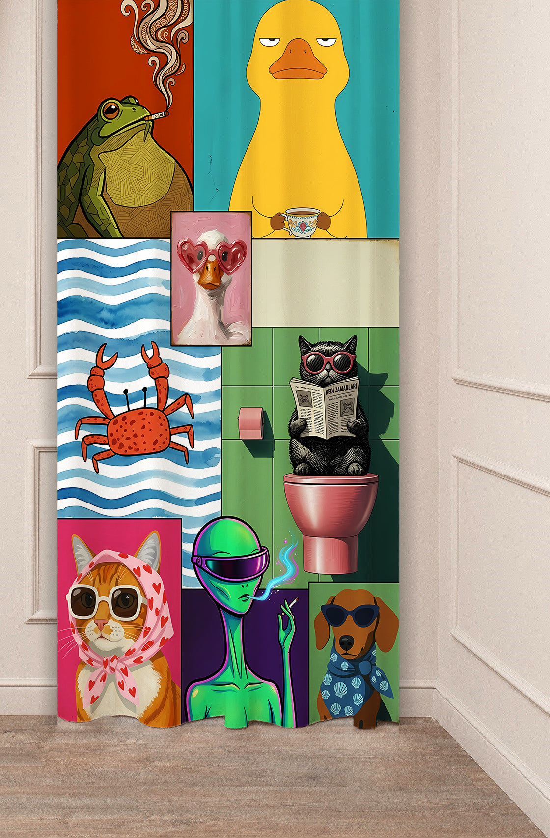 Retro Mood & Funny Pop Art Collage Window Curtain | Humorous Meme Animal & Alien Wall Tapestry