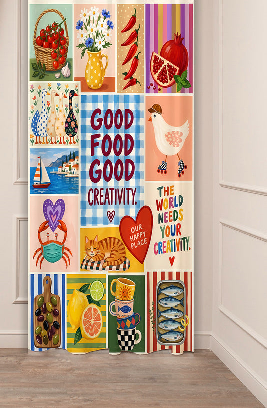 Good Food Good Mood Kitchen Collage Window Curtain | Mediterranean Italian Cottagecore Wall Tapestry