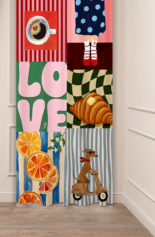 Retro Italian Riviera & Coffee Collage Window Curtain | French Bakery Croissant & Orange Vibe Wall Tapestry