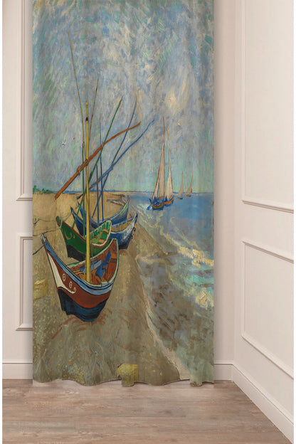 Van Gogh Saintes-Maries Fishing Boats Curtain - Fine Art Masterpiece Digital Printed Single Panel Drape for Sophisticated Living Room & Art Decor