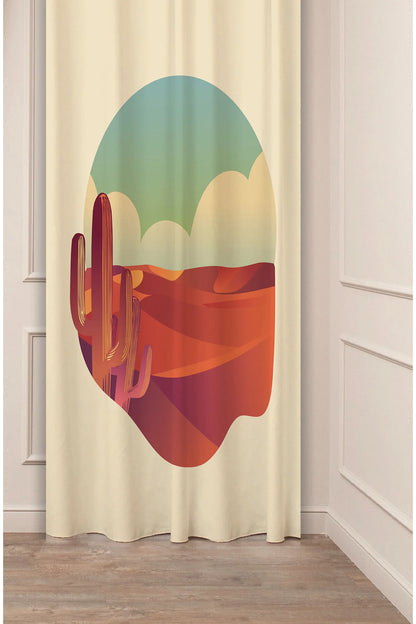 Boho Desert Cactus Curtain - Layered Sunset Dunes & Minimalist Saguaro Digital Printed Single Panel Drape for Modern Southwestern Home Decor