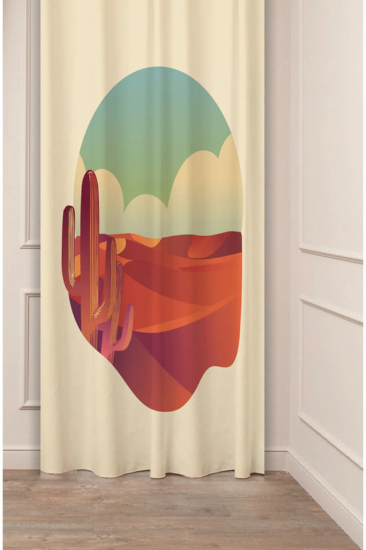 Boho Desert Cactus Curtain - Layered Sunset Dunes & Minimalist Saguaro Digital Printed Single Panel Drape for Modern Southwestern Home Decor