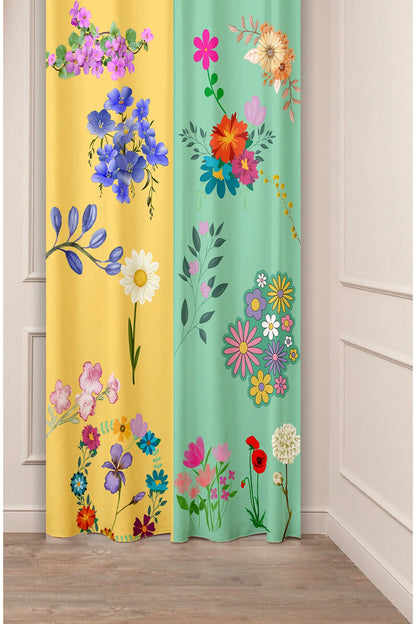 Bohemian Spring Meadow Curtain - Yellow & Mint Split Tone Floral Digital Printed Single Panel Drape for Aesthetic & Bright Home Decor