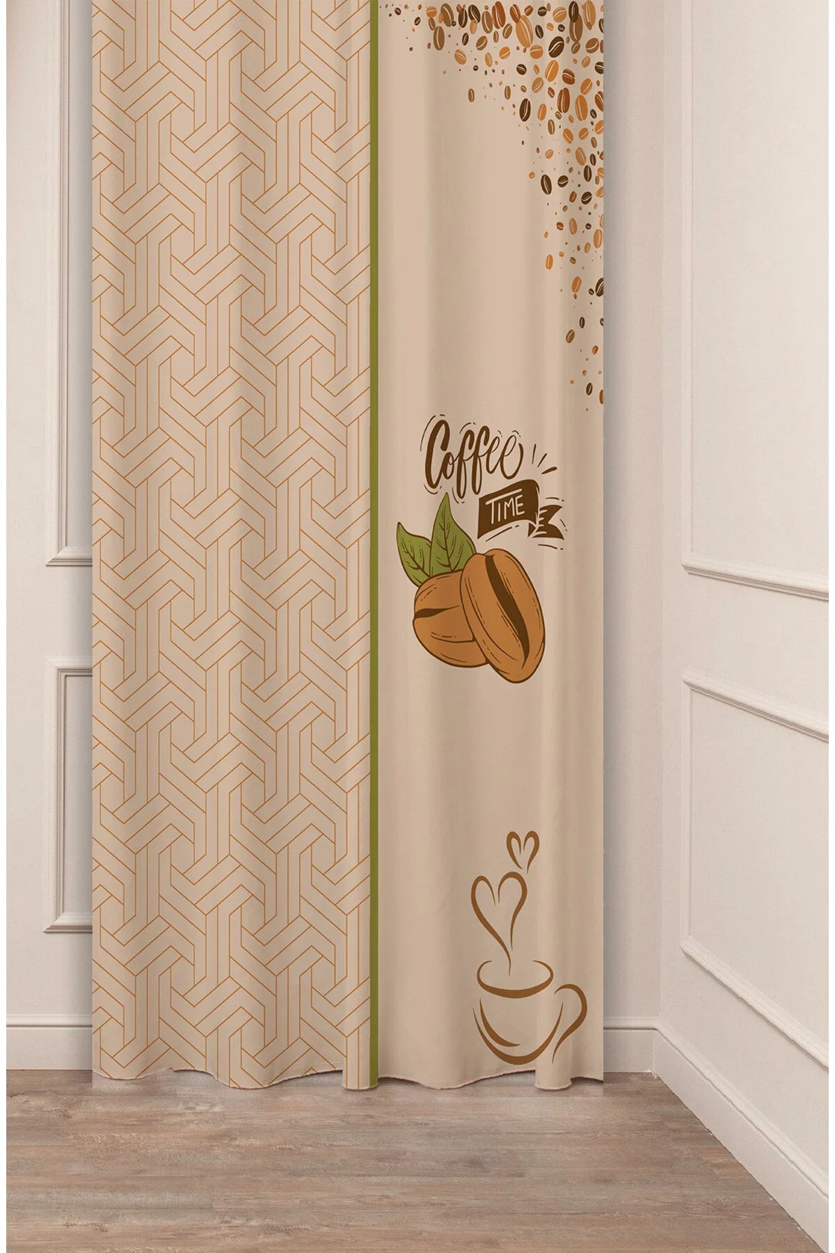 Modern Coffee Time Kitchen Curtain - Geometric Maze Pattern & Coffee Bean Digital Printed Single Panel Drape for Cafe Style Home Decor