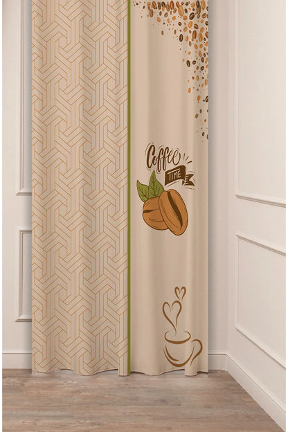 Modern Coffee Time Kitchen Curtain - Geometric Maze Pattern & Coffee Bean Digital Printed Single Panel Drape for Cafe Style Home Decor