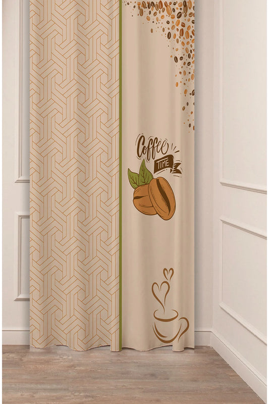 Modern Coffee Time Kitchen Curtain - Geometric Maze Pattern & Coffee Bean Digital Printed Single Panel Drape for Cafe Style Home Decor