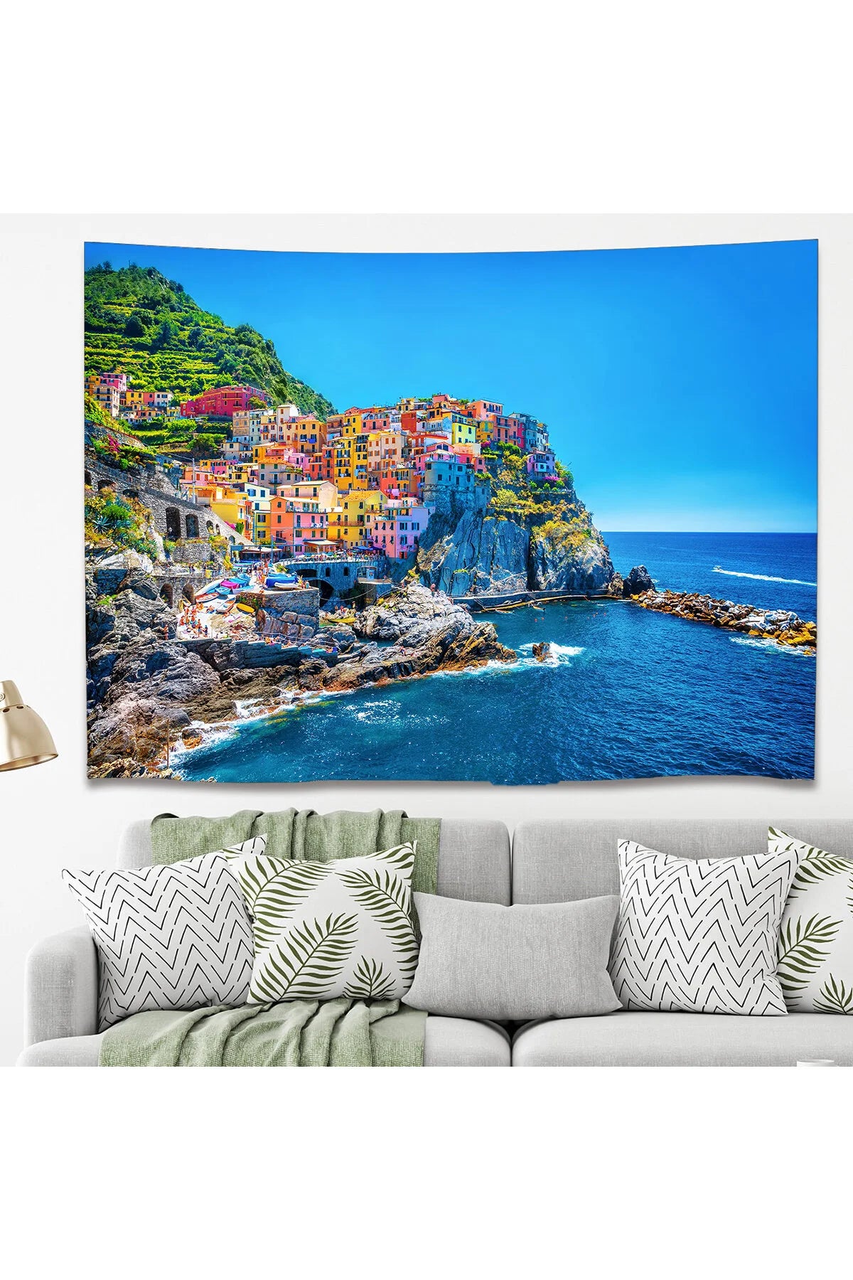 Italian Riviera Positano Wall Tapestry - Colorful Coastal Village & Blue Ocean Digital Printed Decorative Wall Hanging for Travel-Inspired Home Decor