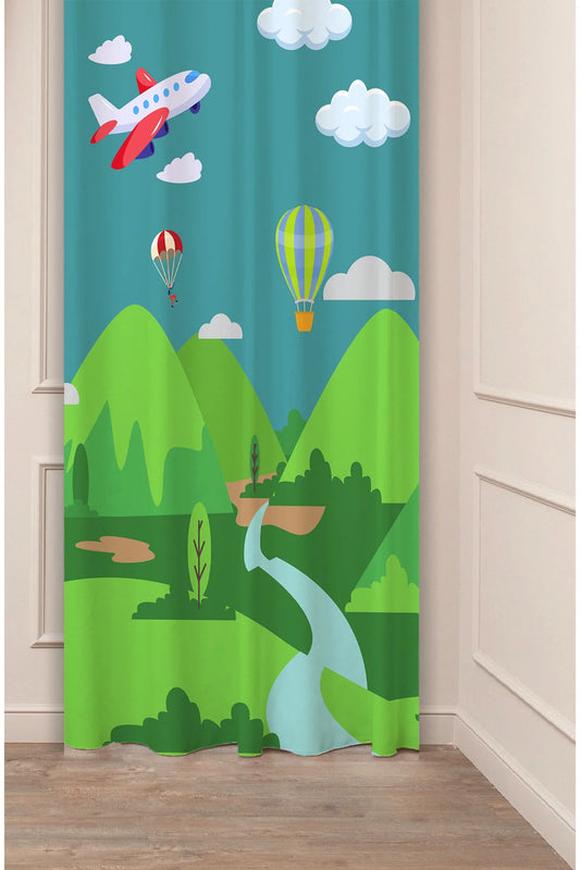 Sky Adventure Kids Room Curtain - Airplane, Hot Air Balloon & Parachute Scenic Digital Printed Single Panel Drape for Boys & Nursery Playroom