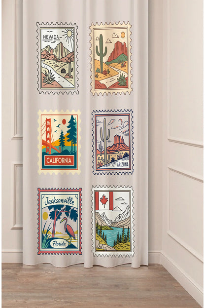 Retro USA Travel Stamp Curtain - Nevada, Florida, Arizona Vintage Postcard Design Digital Printed Single Panel Drape for Adventure & Travel Decor