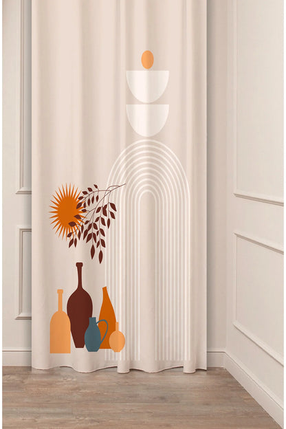 Abstract Boho Sun & Vase Curtain - Terracotta Earth Tones & Minimalist Arch Digital Printed Single Panel Drape for Modern Aesthetic Home Decor