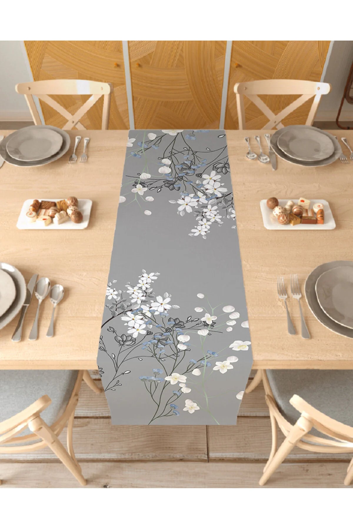 Grey Floral Meadow Table Runner - Elegant White Flowers Digital Printed Decorative Table Cover for Modern Dining & Farmhouse Home Decor