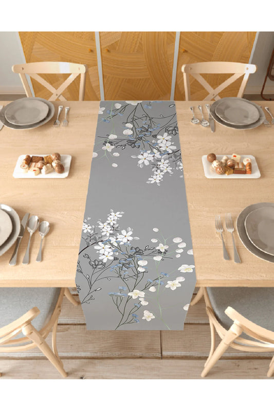 Grey Floral Meadow Table Runner - Elegant White Flowers Digital Printed Decorative Table Cover for Modern Dining & Farmhouse Home Decor