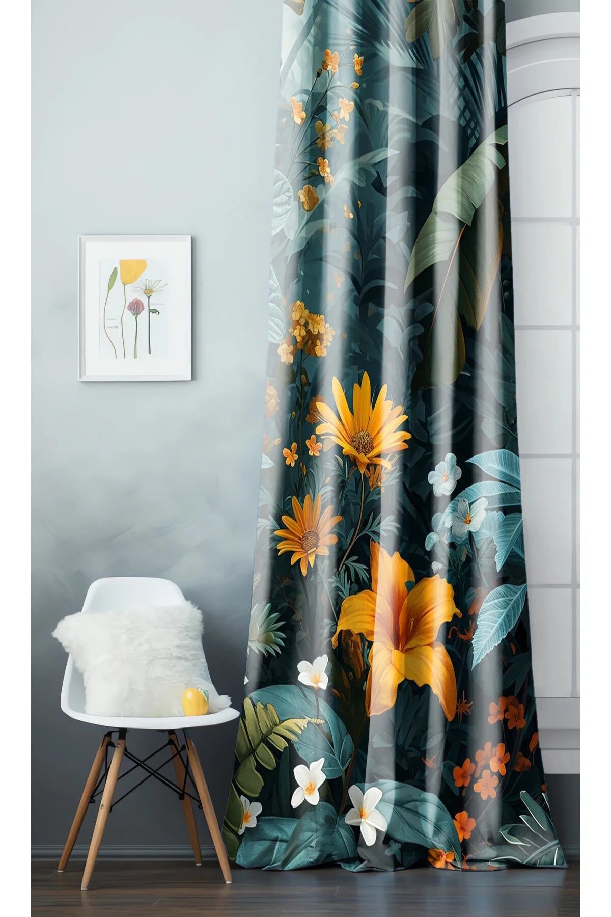 Floral Green Leaf Pattern Digital Printed Curtain Panel (SINGLE PANEL) – Colorful Modern Nature Design Curtain