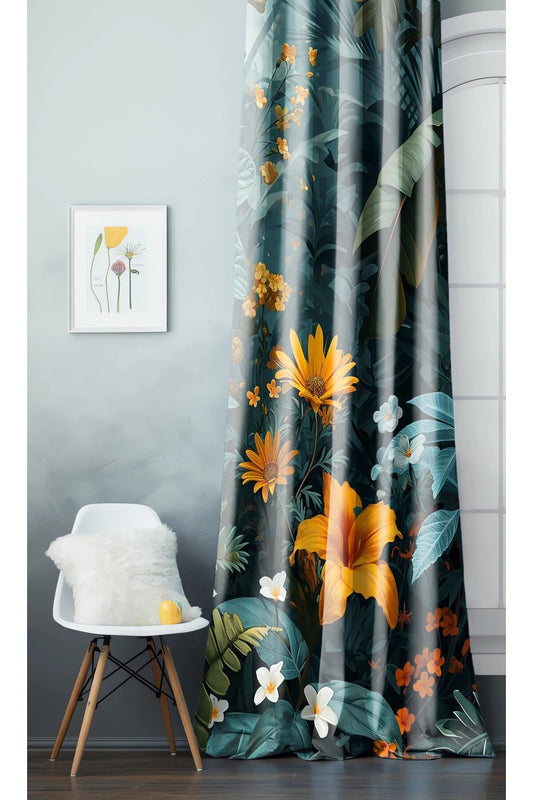 Floral Green Leaf Pattern Digital Printed Curtain Panel (SINGLE PANEL) – Colorful Modern Nature Design Curtain