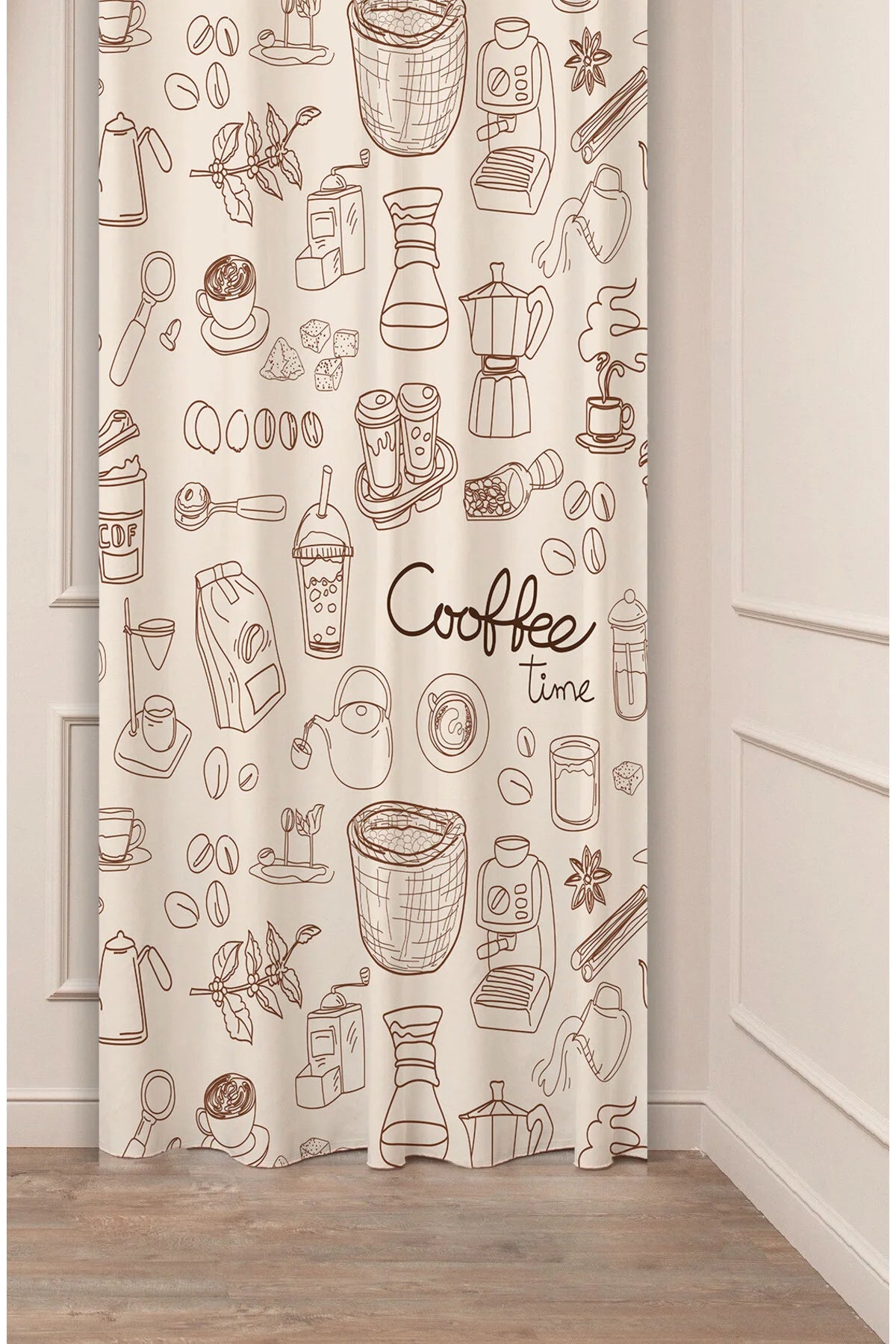 Coffee Time Sketch Art Curtain - Vintage Brewing Tools & Espresso Beans Digital Printed Single Panel Drape for Rustic Kitchen & Cafe Decor