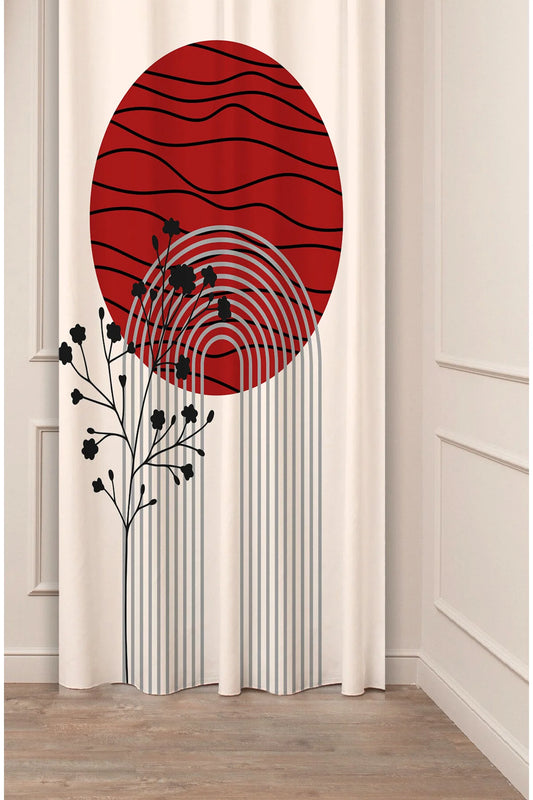 Abstract Red Sun & Botanical Art Curtain - Minimalist Arch & Zen Leaf Digital Printed Single Panel Drape for Modern Aesthetic Home Decor