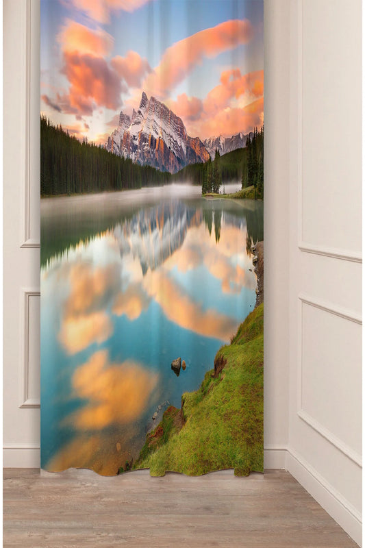 Sunset Mountain Lake View Curtain - Majestic Snowy Peaks & Forest Digital Printed Single Panel Drape for Serene Nature-Inspired Home Decor