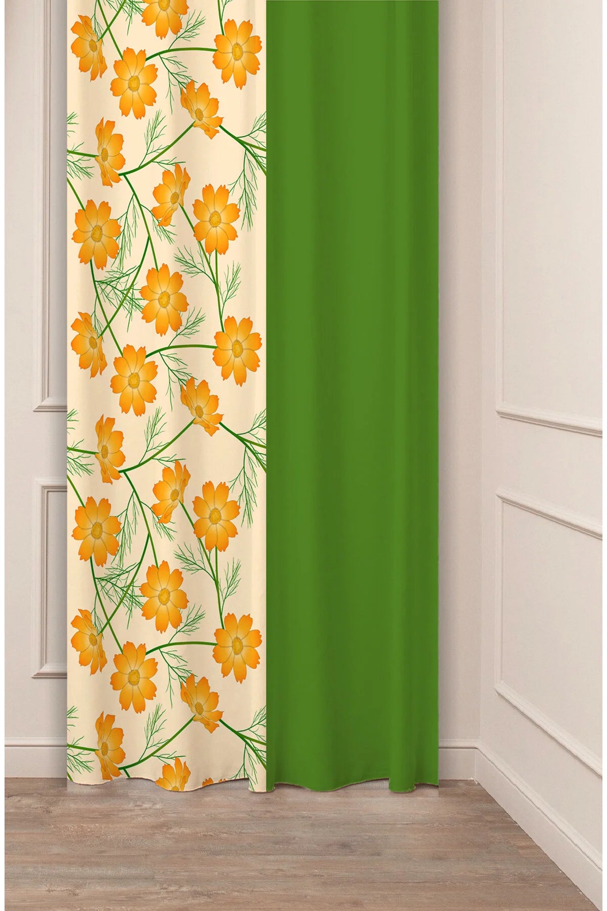 Bohemian Spring Meadow Split-Tone Curtain - Vibrant Yellow Flowers & Green Block Digital Printed Single Panel Drape for Bright Home Decor