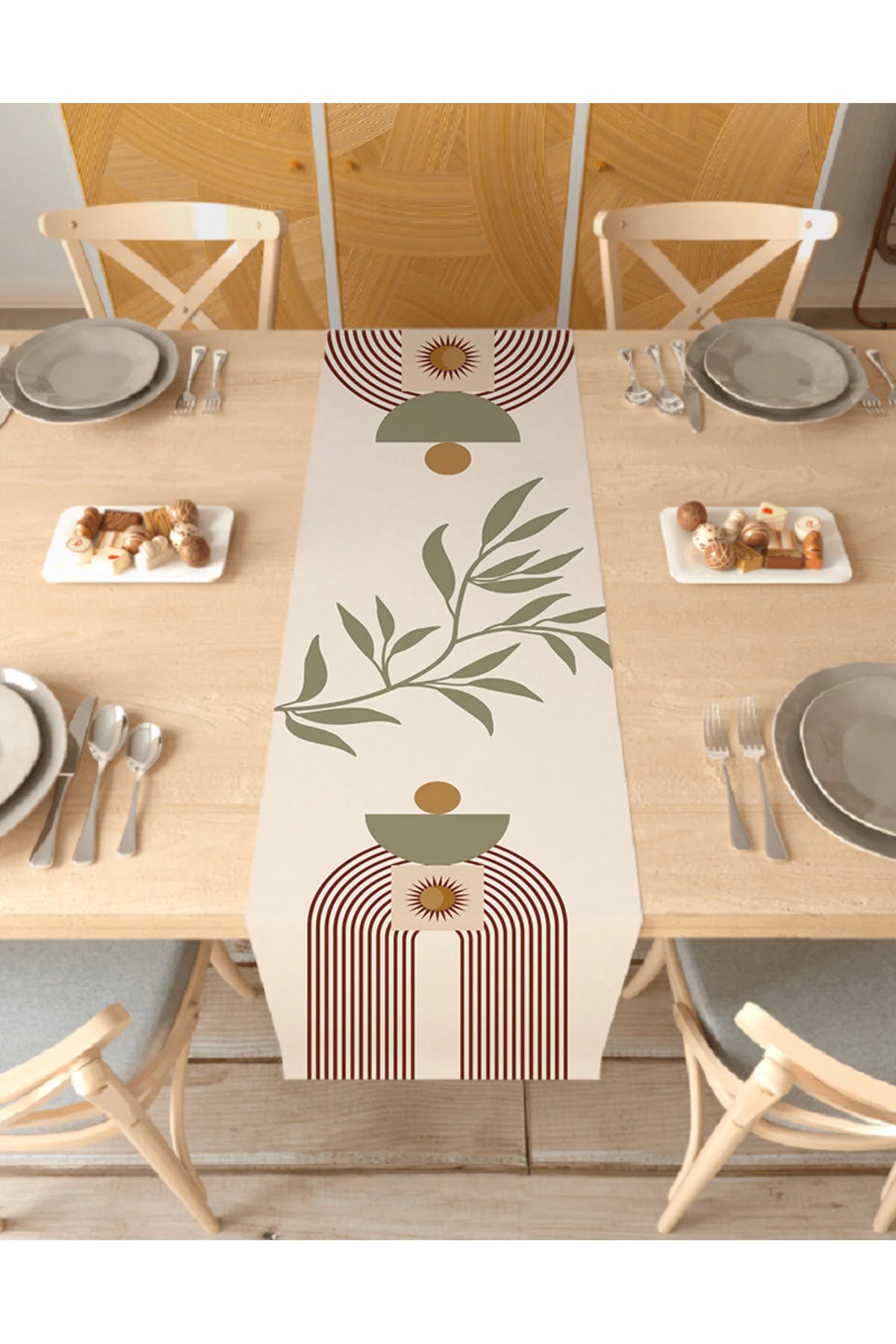 Bohemian Zen Arch Table Runner - Abstract Sun & Botanical Leaf Digital Printed Decorative Table Cover for Modern Boho Dining Decor