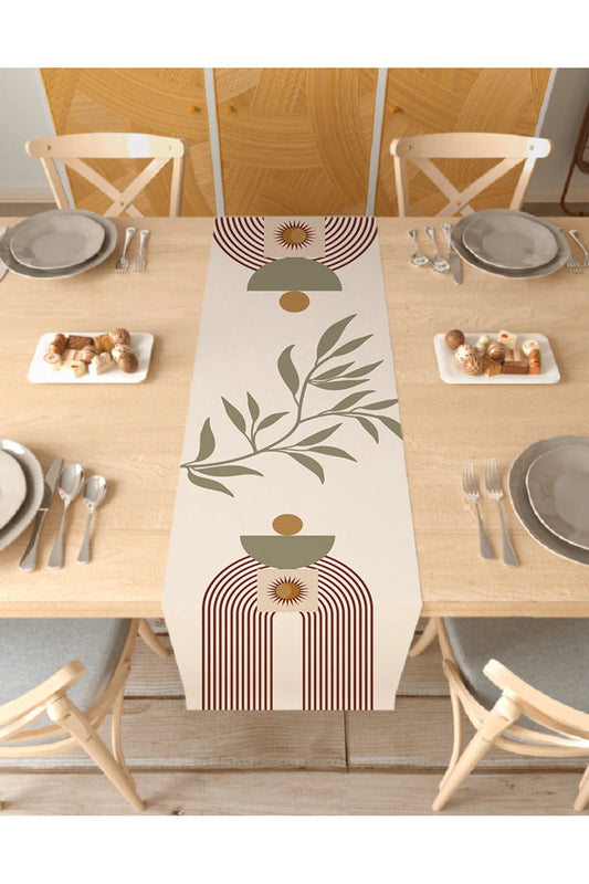 Bohemian Zen Arch Table Runner - Abstract Sun & Botanical Leaf Digital Printed Decorative Table Cover for Modern Boho Dining Decor