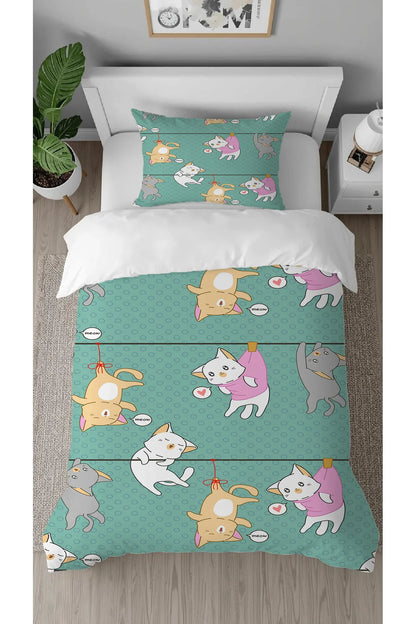 Playful Kittens Bedding Set - Cute Cat Pattern Mint Green Digital Printed Soft Duvet Cover & Pillowcase for Kids & Nursery Bedroom Decor