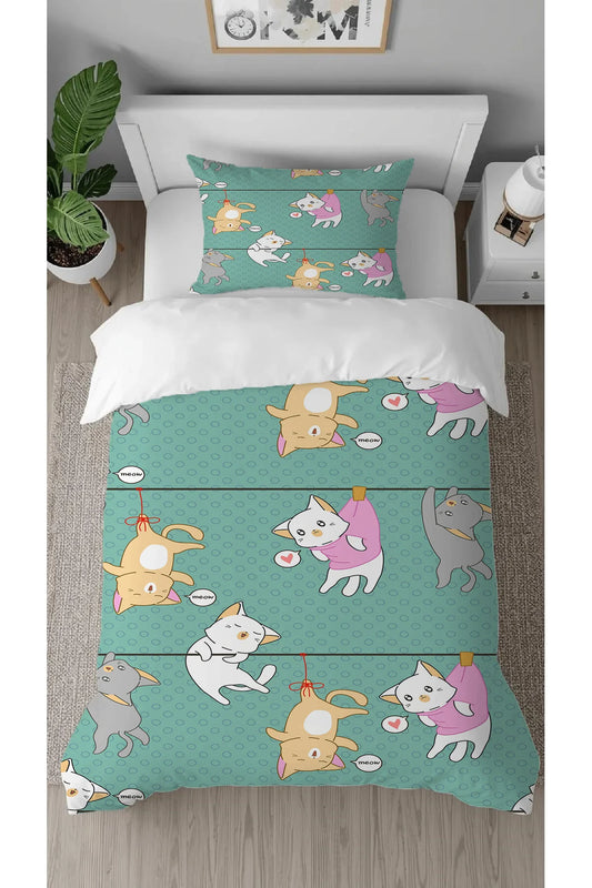 Playful Kittens Bedding Set - Cute Cat Pattern Mint Green Digital Printed Soft Duvet Cover & Pillowcase for Kids & Nursery Bedroom Decor
