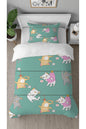 Playful Kittens Bedding Set - Cute Cat Pattern Mint Green Digital Printed Soft Duvet Cover & Pillowcase for Kids & Nursery Bedroom Decor