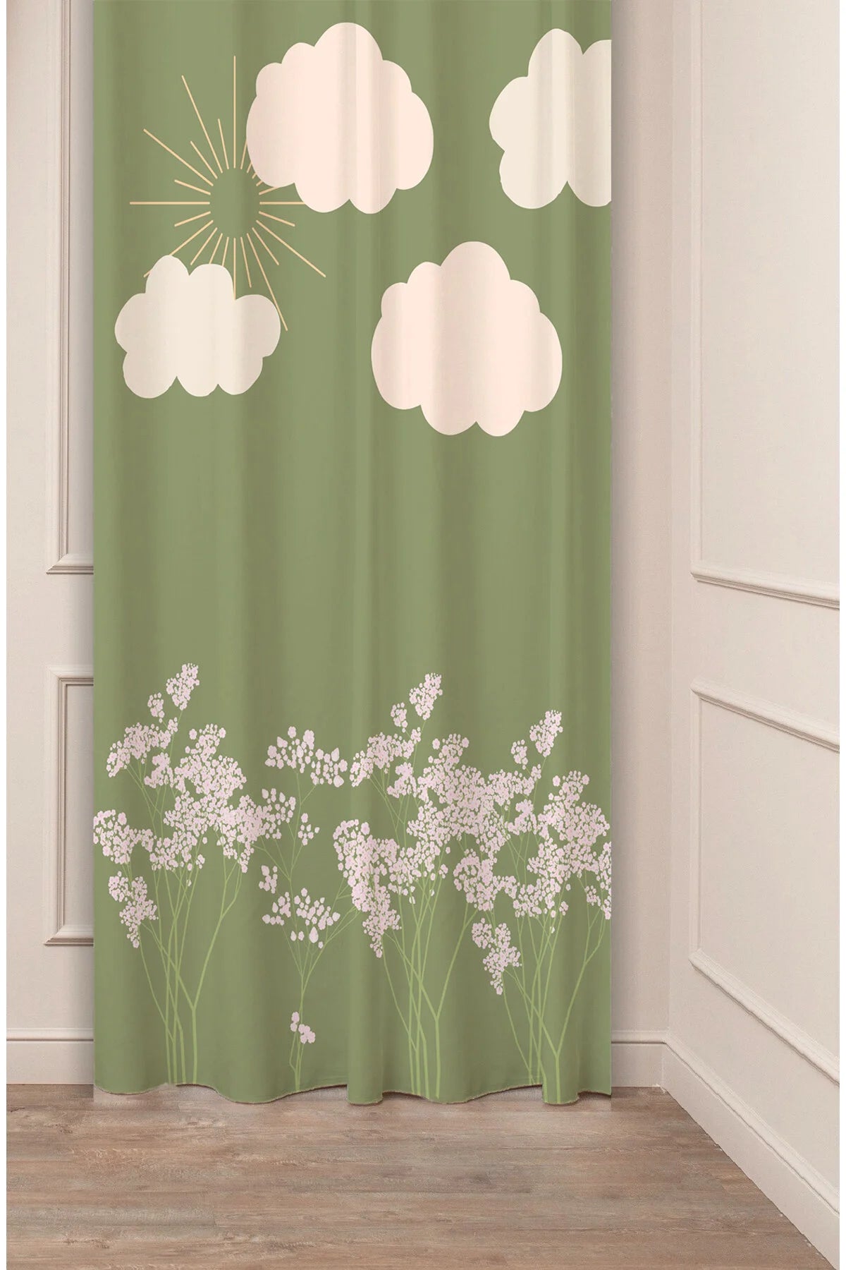 Sage Green Meadow & Clouds Curtain - Whimsical Sun, Clouds and Wildflowers Digital Printed Single Panel Drape for Aesthetic Home Decor