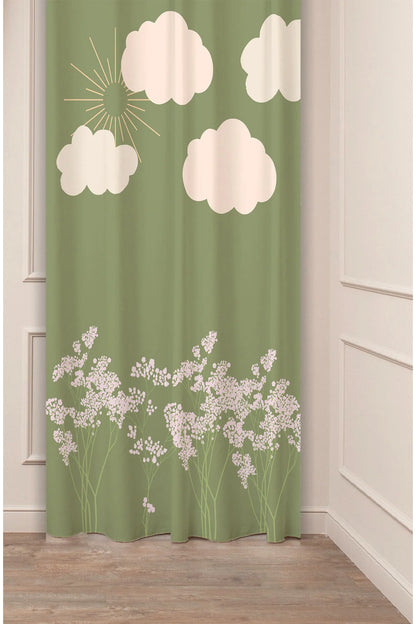 Sage Green Meadow & Clouds Curtain - Whimsical Sun, Clouds and Wildflowers Digital Printed Single Panel Drape for Aesthetic Home Decor