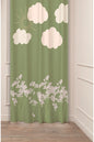 Sage Green Meadow & Clouds Curtain - Whimsical Sun, Clouds and Wildflowers Digital Printed Single Panel Drape for Aesthetic Home Decor