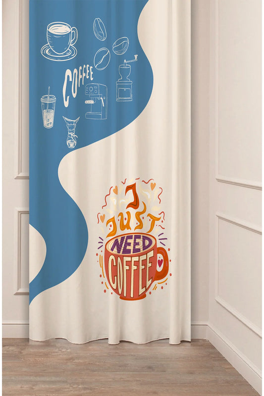 Retro Coffee Time Accent Curtain - "I Just Need Coffee" Typography & Blue Wave Digital Printed Single Panel Drape for Modern Kitchen & Cafe Decor