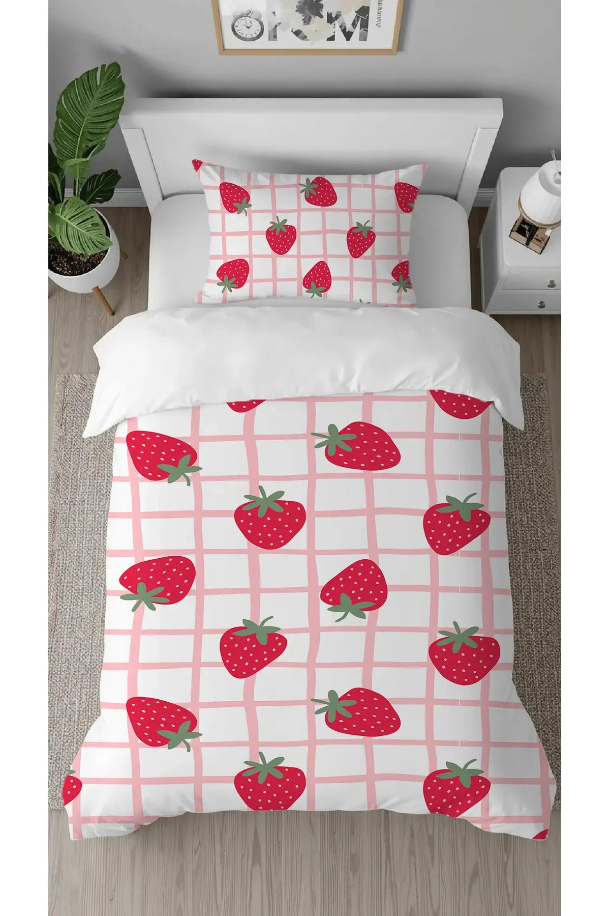 Sweet Strawberry Pink Gingham Bedding Set - Aesthetic Plaid Fruit Pattern Digital Printed Soft Duvet Cover & Pillowcase for Cute Bedroom Decor