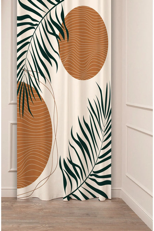 Modern Terracotta Sun & Leaf Curtain - Abstract Tropical Botanical Digital Printed Single Panel Drape for Aesthetic Boho Living Room Decor