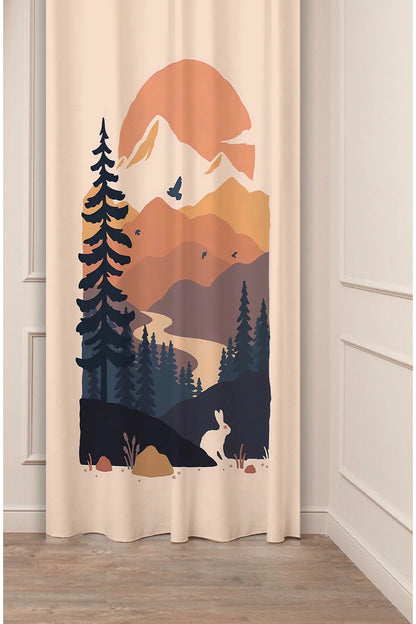 Mountain Forest Adventure Curtain - Layered Nature Landscape & Pine Tree Digital Printed Single Panel Drape for Modern Nursery & Home Decor
