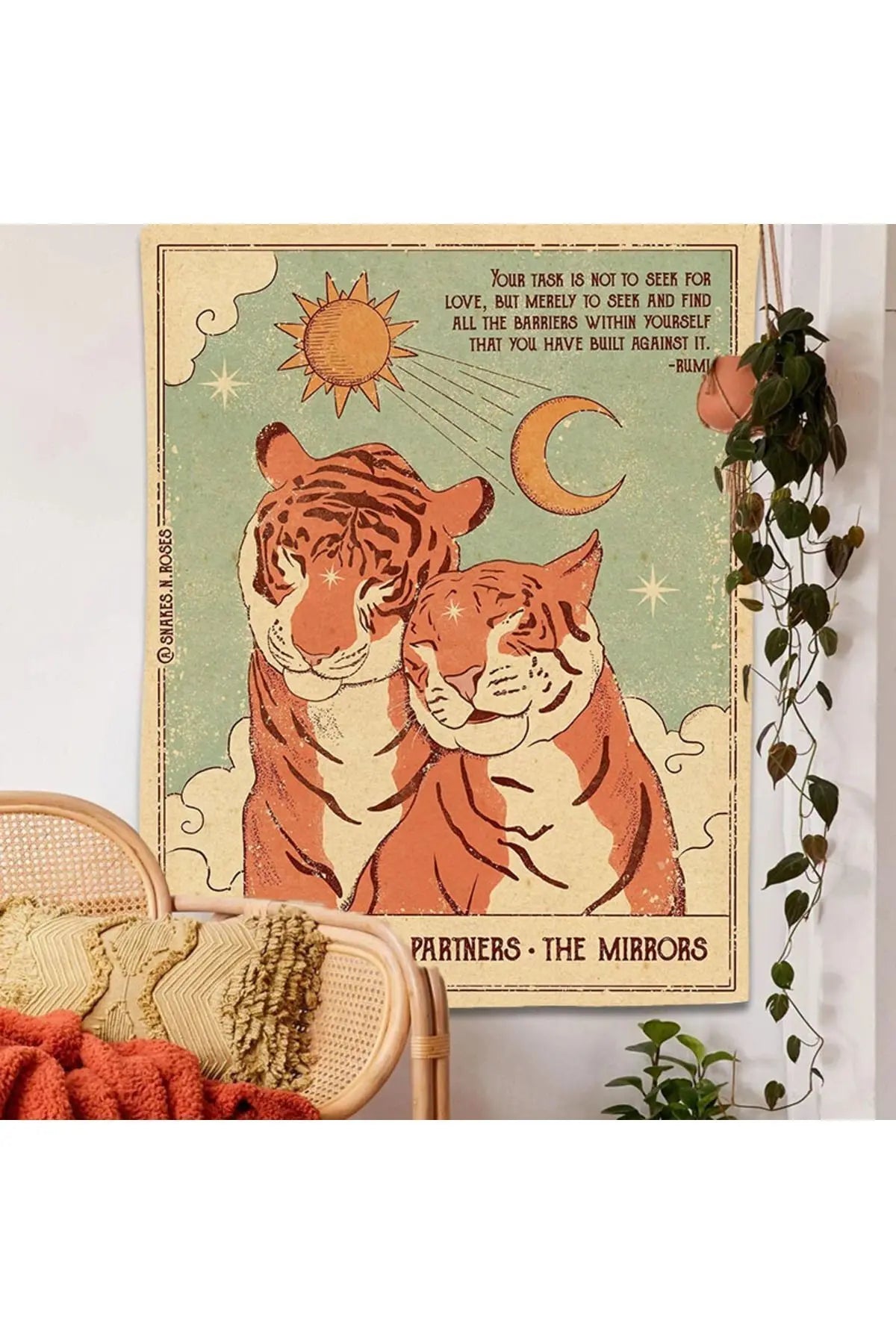 Tiger Lovers "The Mirrors" Wall Tapestry - Vintage Tarot Style Sun & Moon Digital Printed Fabric Wall Hanging for Mystic Boho Bedroom Decor