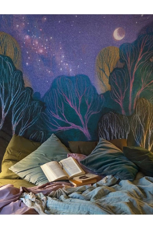Mystic Starry Forest Wall Tapestry - Dreamy Moon & Enchanted Trees Digital Printed Fabric Wall Hanging for Serene Bedroom & Boho Decor