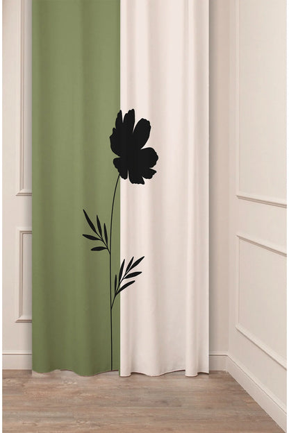 Minimalist Sage & Cream Split-Tone Curtain - Elegant Black Flower Silhouette Digital Printed Single Panel Drape for Modern Boho Home Decor