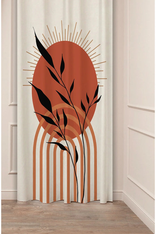 Modern Boho Sun Arch Curtain - Abstract Terracotta Geometric & Leaf Digital Printed Single Panel Drape for Aesthetic Home Decor